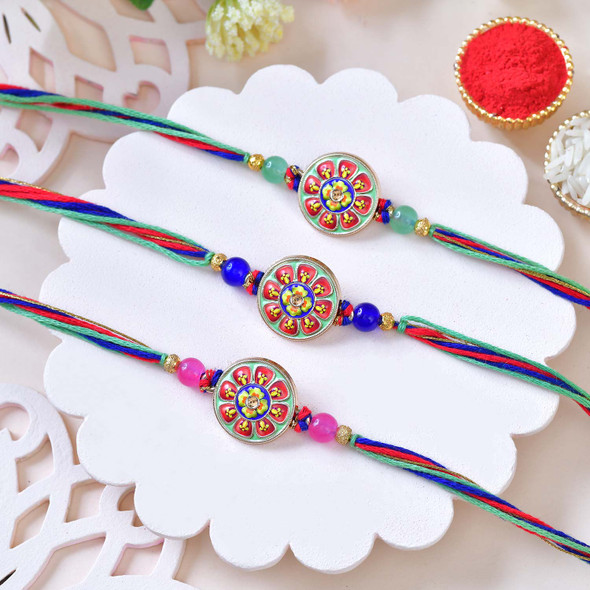 Set of 3 Ethnic Rakhi with Besan Laddoo