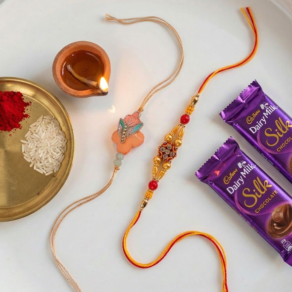 Two Designer Rakhi With Silk Chocolate