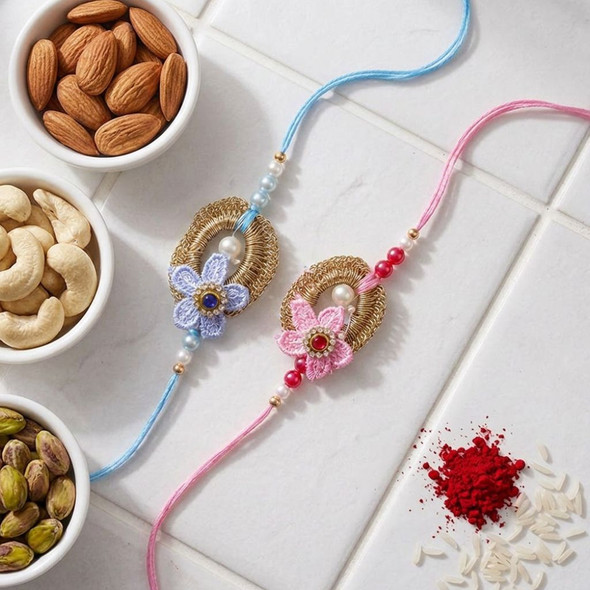 Blue and pink floral design Rakhi With Dry Fruits