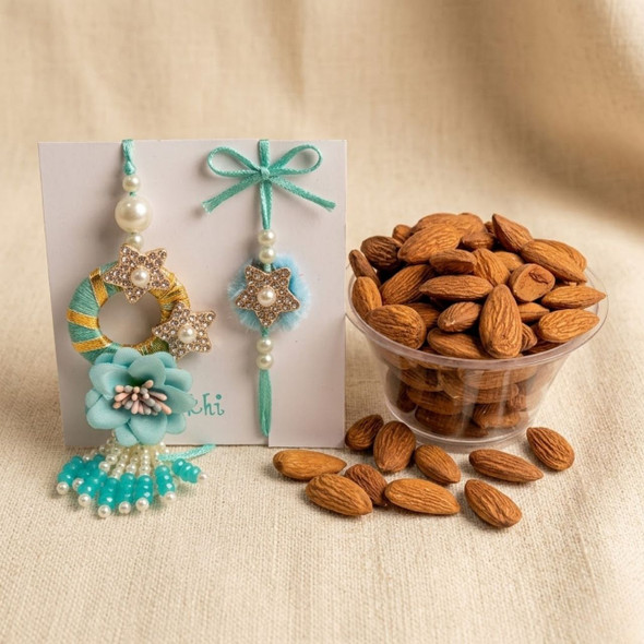 Mint Green Flower Design Bhaiya Bhabhi Rakhi With Almonds