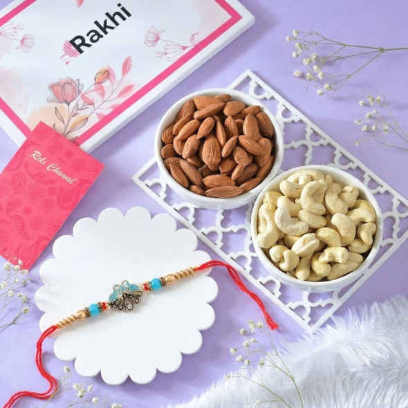 Beautiful Peacock Rakhi with Assorted Dryfruits