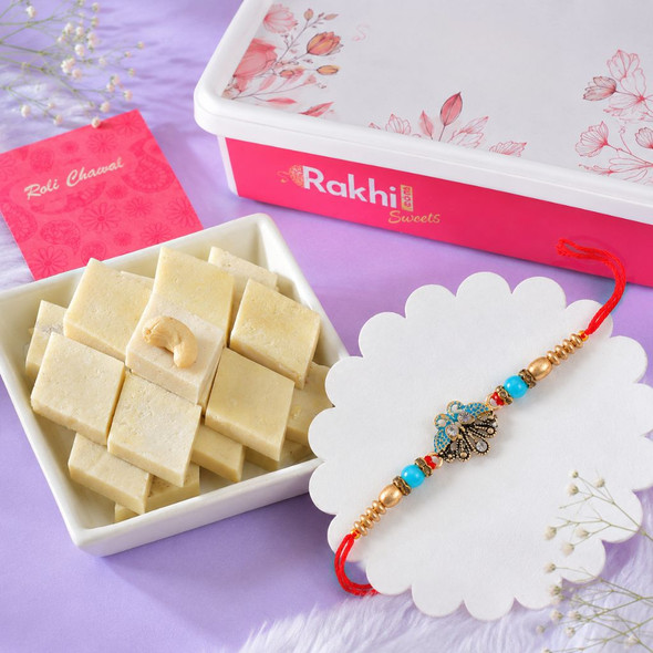 Beautiful Peacock Rakhi with Kaju Katli