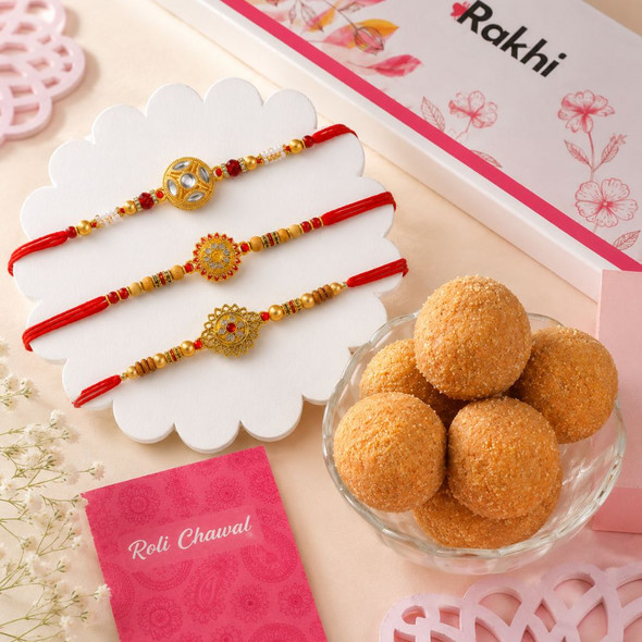 Set of 3 Floral Shaped Rakhi with Besan Laddoo