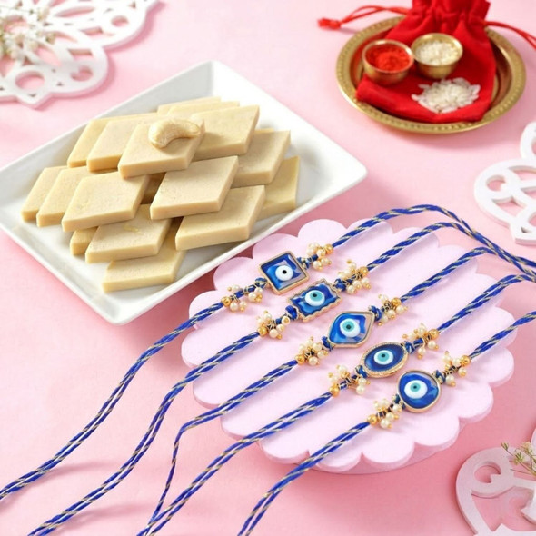 Set of 5 Evil Eye Rakhi with Kaju Katli