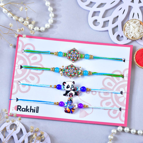Elegant Meenakari & Kids Character 4pc Family Rakhi Set