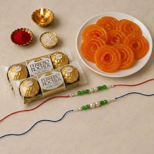2 Rakhi hamper with Jalebi & ferror rocher