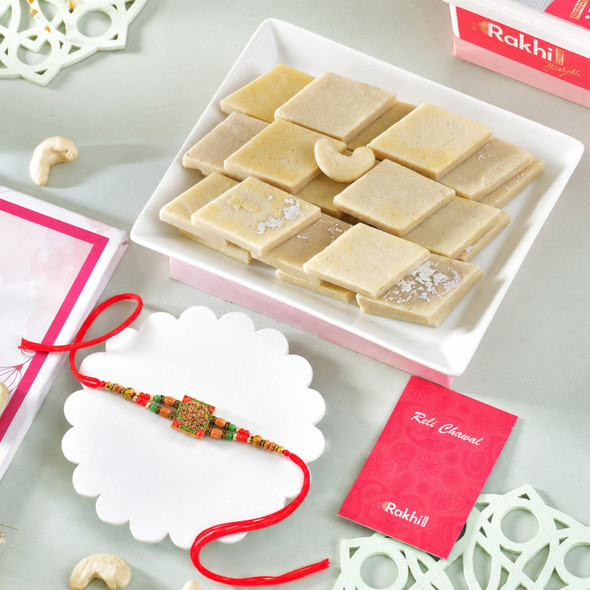 Traditional Stonework Rakhi & Kaju Katli Sweet