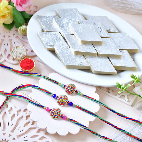 Designer Triplex Rakhi and Kaju Katli Gift
