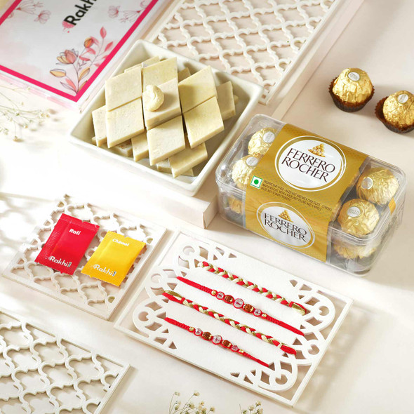 Set of Four Rakhi with Sweet & Rocher Combo