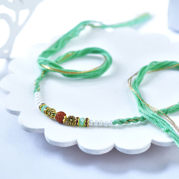Traditional Rudraksha & Mint Green Beads Rakhi