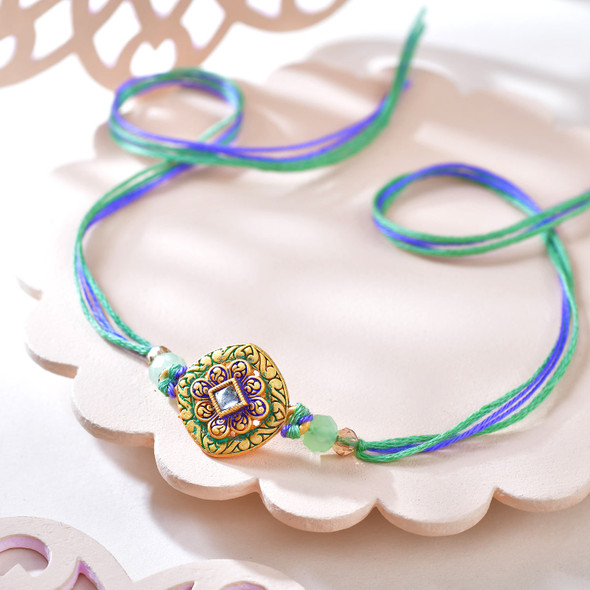 Royal Meenakari Floral Rakhi with Mint Green Crystal Beads