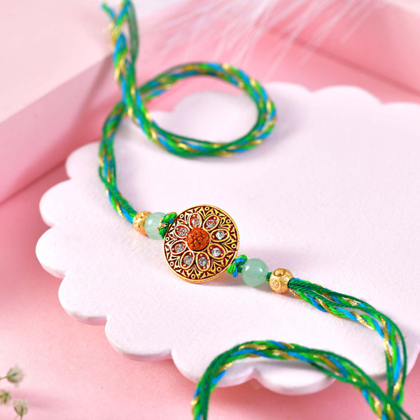Designer Floral Stone Rakhi with Rudraksha & Green Beads