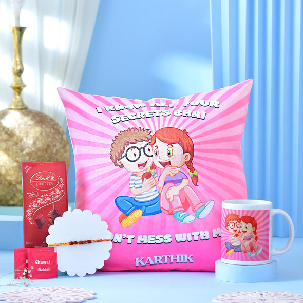 Personalized Brother Cushion, Mug & Lindt Chocolate Rakhi Gift Hamper
