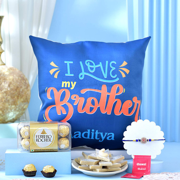 Personalized Cushion & Ferrero Rocher Rakhi Combo