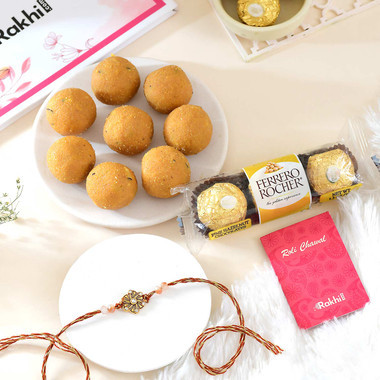 Traditional Golden Flower Rakhi With Besan Laddu And Ferrero Rocher