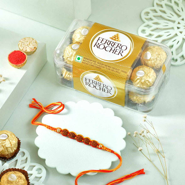 Kesariya Rudraksh Rakhi With Ferrero Rocher
