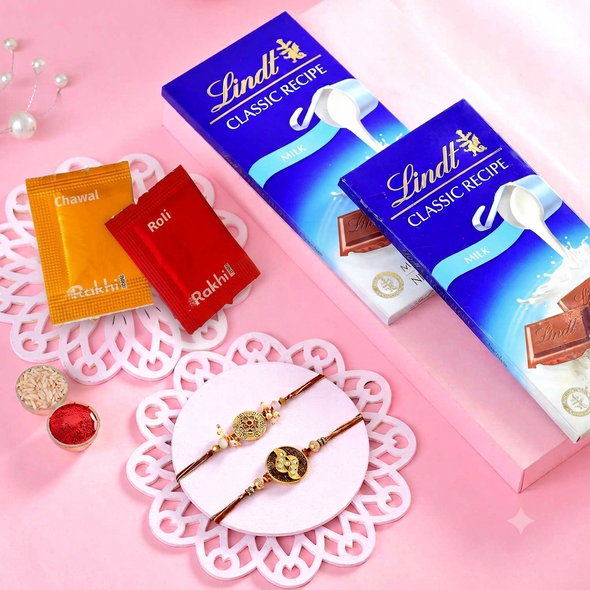 Golden Brown Rakhi Set With Lindt Chocolates