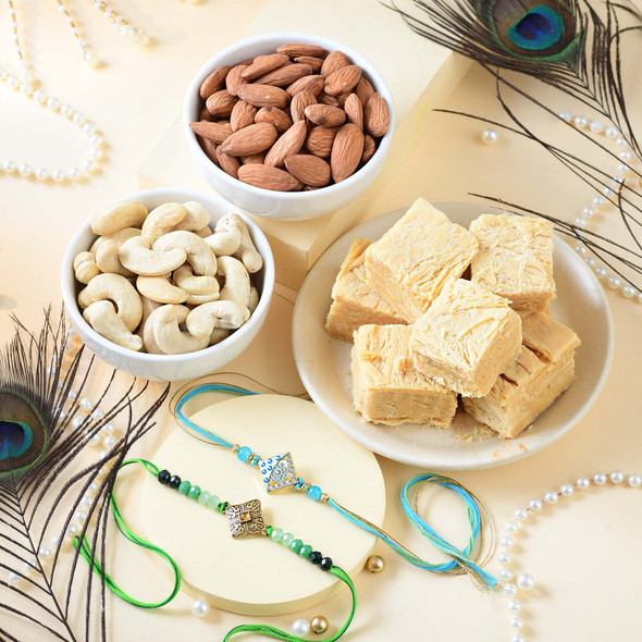 Artistic Rakhi Pair with Dry Fruits & Soan Papdi