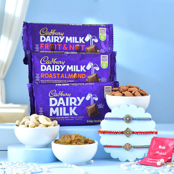 Trio Rakhi Dry Fruit and Chocolate Hamper