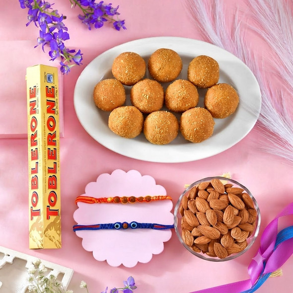2 Hand Crafted Rudraksh Rakhi Set Hamper