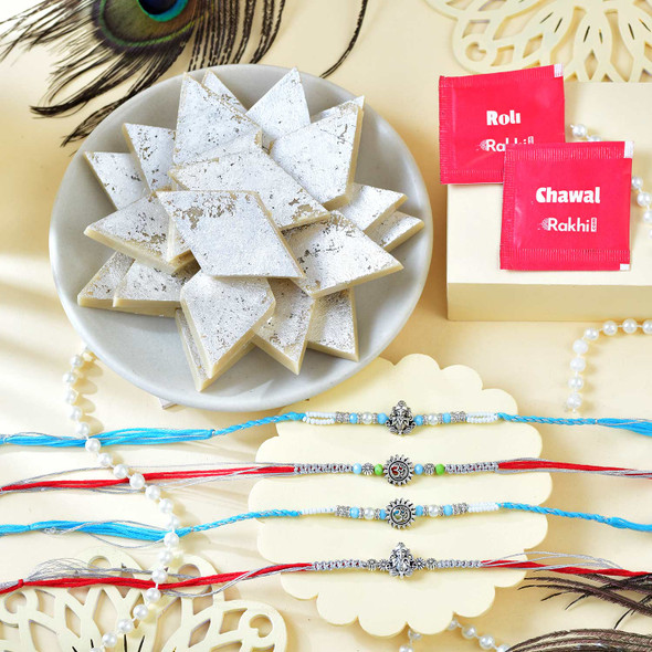 Set Of Four Religious Rakhi With Kaju Katli