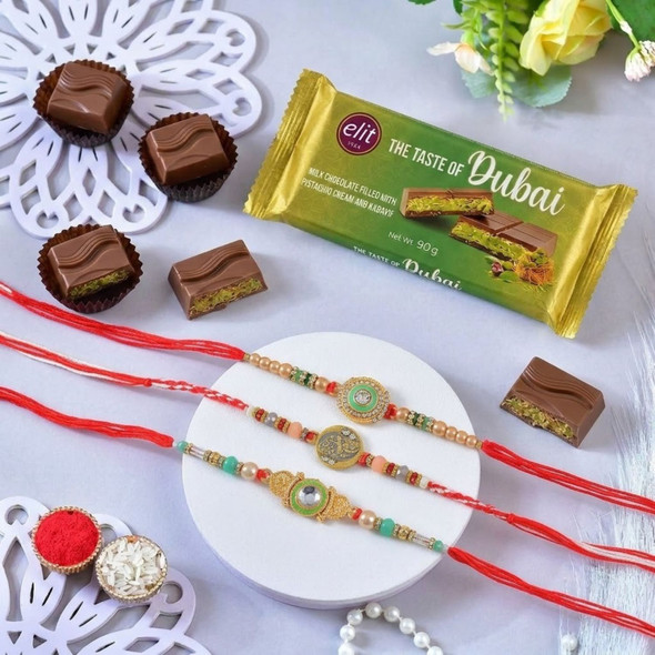 Premium Rakhi Trio with Elit Dubai Chocolate Gift Set