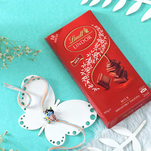 Colorful Radha-Krishna Kid's Rakhi With Lindt Milk Chocolate