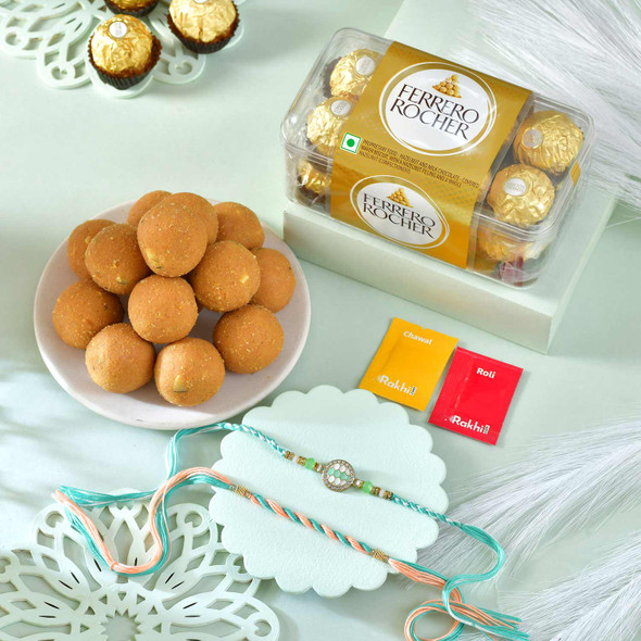 Designer Turquoise Rakhi Set With Besan Laddoo & Ferrero