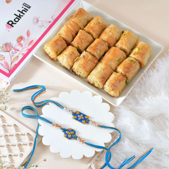 Royal Blue Rakhi Set with Baklava  Sweet