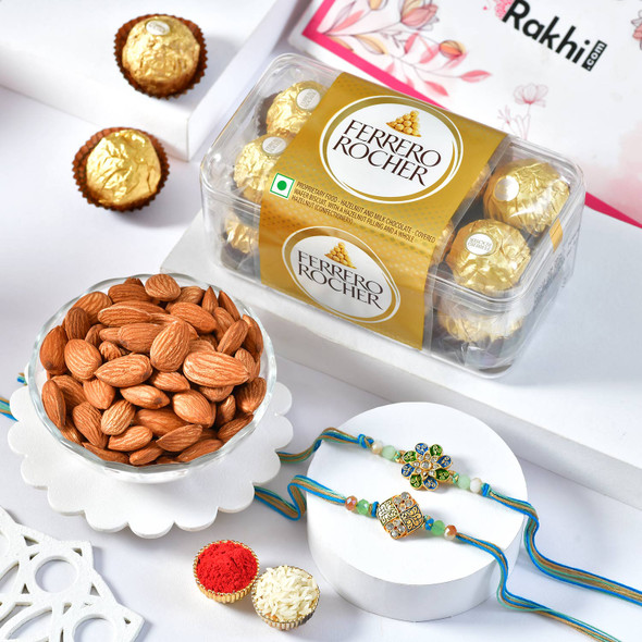 Designer Flower Green Rakhi Set with Ferrero Rocher & Almond