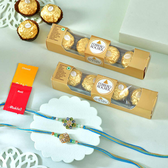 Designer Flower Green Rakhi Set with Ferrero Rochers