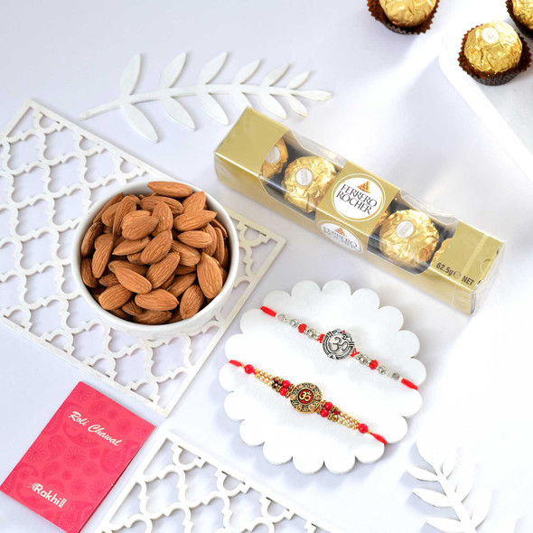 Om Rakhi Set with Almond & Ferrero Rocher