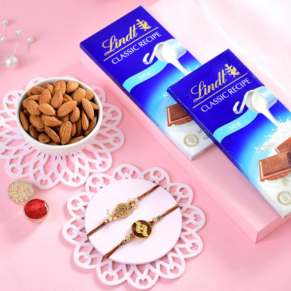 Golden Moti Duos Rakhi with Almond & Lindt Chocolate