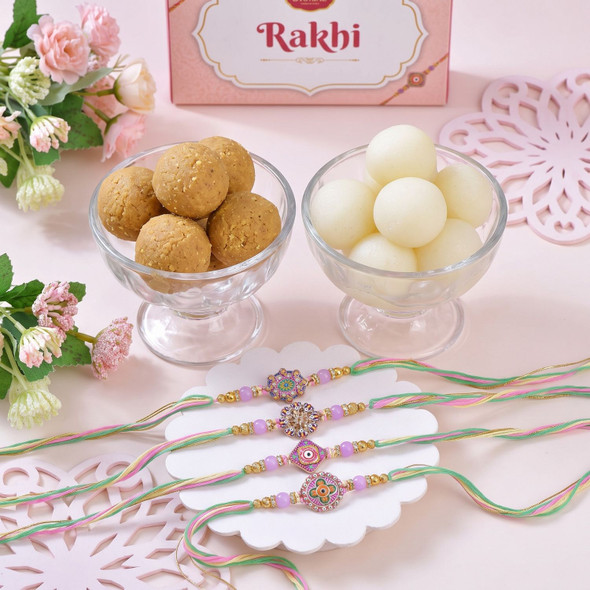 Set of 4 Enchanting Rakhi with Besan Laddoo & Rasgulla
