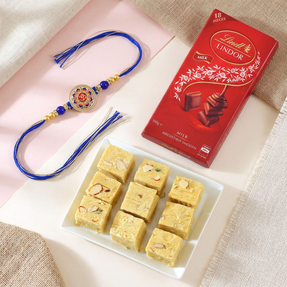 Om Rakhi With Soan Papdi & Lindt Milk Chocolate