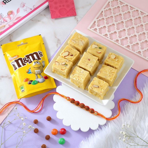 Rudraksha Rakhi With Soan Papdi & Chocolate