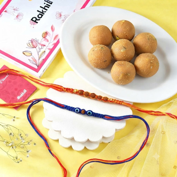 Hand Crafted Rudraksh Rakhi Pair Besan laddu