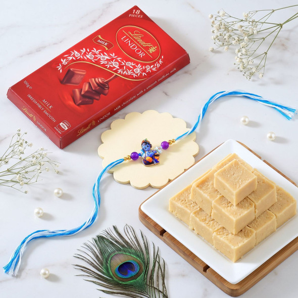 Little Krishna Kid's Rakhi With Lindt Chocolate & Almond Barfi