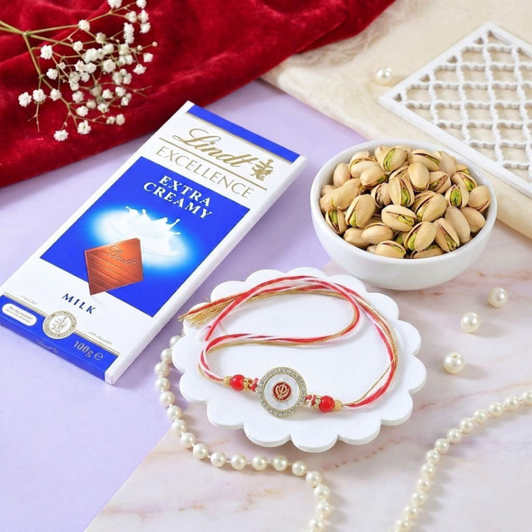 Religious Khanda Sahib Rakhi with Lindt Chocolate & Pistachio