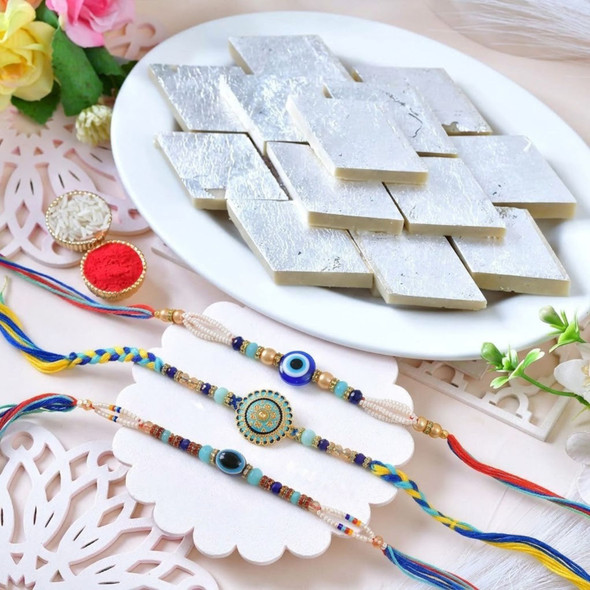 Meenakari & Protective Evil Eye Rakhi Set with Kaju Katli
