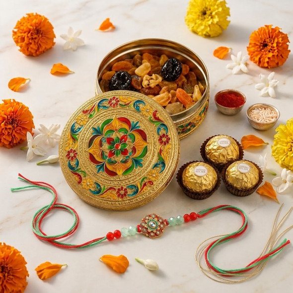 Elegant Dry Fruits Box with 3 Ferrero Rocher & Designer Rakhi