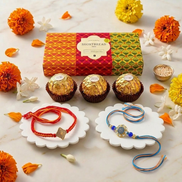Twin Designer Rakhis with Shortbread Biscuits & 3 Ferrero Rocher Gift Box