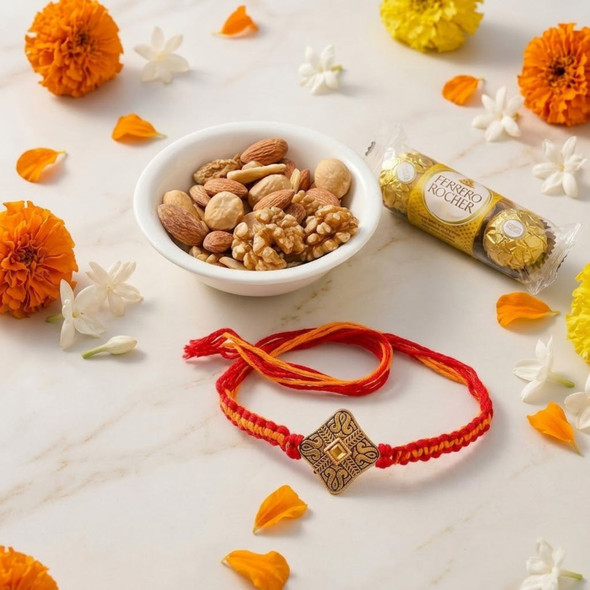 Designer Rakhi with Premium Nuts Bowl & Ferrero Rocher