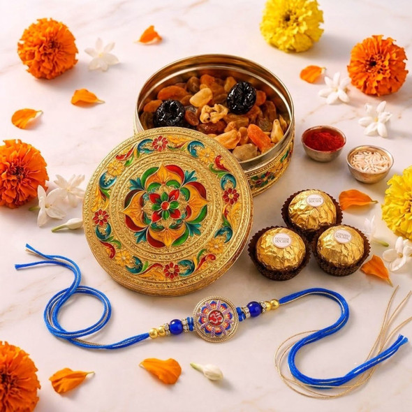 Designer Blue Rakhi with Decorative Dry Fruit Box & Ferrero Rocher