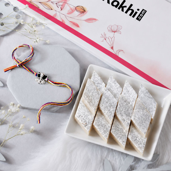 Ganesha Silver Rakhi & Kaju Katli Sweet
