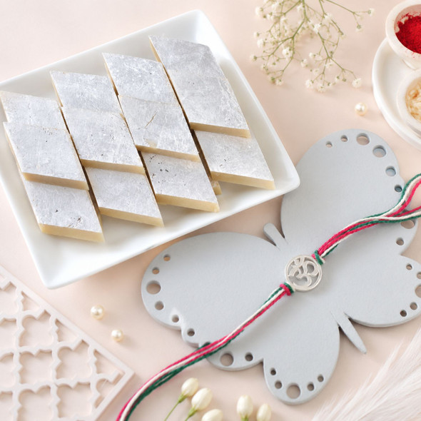 Om Silver Rakhi with Kaju Katli