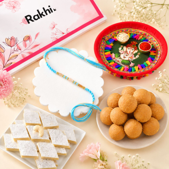 Serene Blue Rakhi with Sweets & Puja Thali Hamper