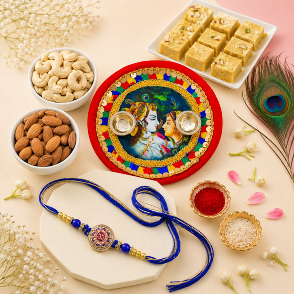 Radha Krishna Puja Thali Rakhi Gift for Bhai