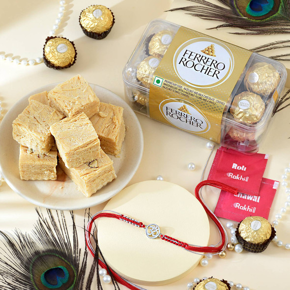 Pure Silver Om Rakhi with Ferrero Rocher & Soan Papdi