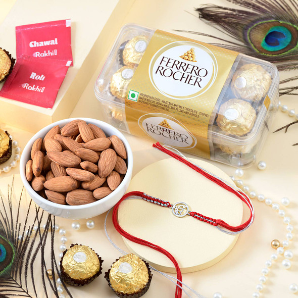Silver Ek Onkar Rakhi with Rocher Chocolate & Almonds